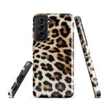 A tough phone case with a leopard print design is displayed. The dual-layer design features black and brown spots on a tan background, mimicking leopard fur. The text "Statement Cases" is printed on the lower part of the impact-resistant case. This is the Mighty Jaguar Fur for Samsung by Statement Cases.