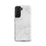 A dual-layer design smartphone case with a white marble pattern features three large camera lenses and a smaller one on the back. "Statement Cases" is subtly printed near the bottom. The minimalistic, matte finish offers impact-resistant protection with style.