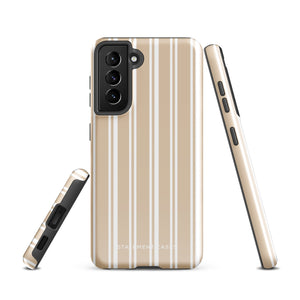 A smartphone with a beige and white striped, shock-absorbing phone case. The case has cutouts for the camera lenses and buttons on the left side. The lower part of the case features a small logo that reads "Statement Cases" — this is the Estate Stripe for Samsung by Statement Cases.