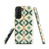 A smartphone with a dual-layer design case featuring a mix of green, beige, and tan shapes. The Old World Mosaic for Samsung has a "Statement Cases" logo at the bottom and is impact-resistant, ensuring your phone with its quad-camera setup stays protected.