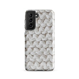 A Chunky Comfort for Samsung with a realistic knitted texture featuring white interwoven yarns. The impact-resistant case has multiple camera cutouts and a shock-absorbing dual-layer design. The brand name "Statement Cases" is printed at the bottom.