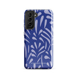 The Mariposa Azul for Samsung smartphone case from Statement Cases is adorned with an impact-resistant design featuring light purple abstract shapes on a blue background. This dual-layer case proudly displays the text "STATEMENT CASES" at the bottom, ensuring that the camera lenses and buttons of your phone remain clearly visible.