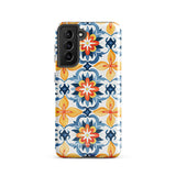 The Mediterranean Bloom for Samsung by Statement Cases features intricate, colorful floral patterns in blue, orange, and yellow. The design covers the entire back of the case, surrounding the camera cutout. Shock-absorbing and impact-resistant, it ensures protection while the brand "Statement Cases" is subtly printed near the bottom.