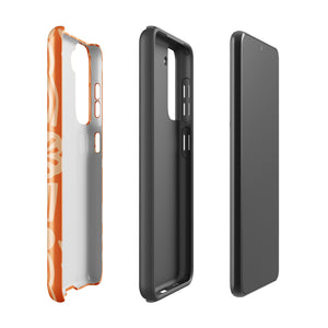 This stylish smartphone accessory, the Savannah Ardiente for Samsung by Statement Cases, features a shock-absorbing, colorful patterned case adorned with abstract flower designs in beige on an orange background. This impact-resistant phone case wraps around the back of your device, providing robust protection for its multiple camera lenses in the corner.