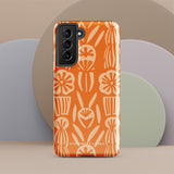 This stylish smartphone accessory, the Savannah Ardiente for Samsung by Statement Cases, features a shock-absorbing, colorful patterned case adorned with abstract flower designs in beige on an orange background. This impact-resistant phone case wraps around the back of your device, providing robust protection for its multiple camera lenses in the corner.