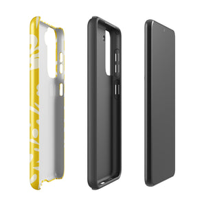 The Sol Dorado for Samsung by Statement Cases is a durable phone case featuring a bright yellow background adorned with an abstract white floral pattern, showcasing various flowers and leaves. Near the bottom edge, the text "STATEMENT CASE" highlights its dual-layer design for enhanced durability.