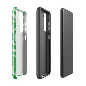 The Selva Verde for Samsung, a product by Statement Cases, is a durable, dual-layer phone case adorned with a green and white leafy design. The back of the case includes a camera cutout, and the bottom is printed with "Statement Cases.