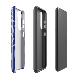 The Mariposa Azul for Samsung smartphone case from Statement Cases is adorned with an impact-resistant design featuring light purple abstract shapes on a blue background. This dual-layer case proudly displays the text "STATEMENT CASES" at the bottom, ensuring that the camera lenses and buttons of your phone remain clearly visible.