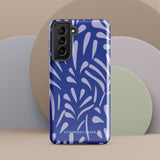 The Mariposa Azul for Samsung smartphone case from Statement Cases is adorned with an impact-resistant design featuring light purple abstract shapes on a blue background. This dual-layer case proudly displays the text "STATEMENT CASES" at the bottom, ensuring that the camera lenses and buttons of your phone remain clearly visible.