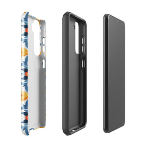 The Mediterranean Bloom for Samsung by Statement Cases features intricate, colorful floral patterns in blue, orange, and yellow. The design covers the entire back of the case, surrounding the camera cutout. Shock-absorbing and impact-resistant, it ensures protection while the brand "Statement Cases" is subtly printed near the bottom.