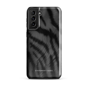 A tough smartphone with a black, textured case that has a silky, animal fur pattern. The dual-layer phone case has cutouts for the camera and side buttons, and the words "Statement Cases" are printed near the bottom.