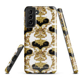 A phone case with an ornate Baroque-style design, featuring an intricate pattern of gold and black swirls and vines on a white background. This dual-layer design is not only impact-resistant but also stylish. The camera cutout is large and accommodates multiple lenses, with "Rebellious Spirit for Samsung" displayed at the bottom.