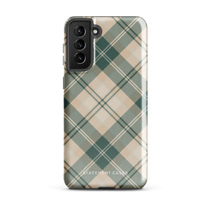 A dual-layer phone case featuring a checked plaid design in shades of green, beige, and white. The pattern consists of intersecting horizontal and vertical lines forming squares and diamonds. This impact-resistant Aristocrats Plaid for Samsung from Statement Cases is shown on a white background.