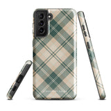 A dual-layer phone case featuring a checked plaid design in shades of green, beige, and white. The pattern consists of intersecting horizontal and vertical lines forming squares and diamonds. This impact-resistant Aristocrats Plaid for Samsung from Statement Cases is shown on a white background.