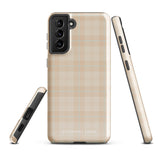 A smartphone with an impact-resistant beige plaid phone case featuring subtle light blue accents. The camera, flash, and sensor modules are visible at the top. The bottom part of the case has the text "Sophisticated Plaid for Samsung" printed on it by Statement Cases.