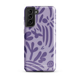 Introducing the Luna Morada for Samsung, a striking smartphone case from Statement Cases. This decorative purple cover boasts abstract floral and organic patterns in darker hues and is designed to absorb shocks. The impact-resistant case features a camera cutout that accommodates five lenses, with the brand name "STATEMENT CASES" elegantly printed at the bottom center.