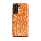 This stylish smartphone accessory, the Savannah Ardiente for Samsung by Statement Cases, features a shock-absorbing, colorful patterned case adorned with abstract flower designs in beige on an orange background. This impact-resistant phone case wraps around the back of your device, providing robust protection for its multiple camera lenses in the corner.