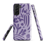 Introducing the Luna Morada for Samsung, a striking smartphone case from Statement Cases. This decorative purple cover boasts abstract floral and organic patterns in darker hues and is designed to absorb shocks. The impact-resistant case features a camera cutout that accommodates five lenses, with the brand name "STATEMENT CASES" elegantly printed at the bottom center.