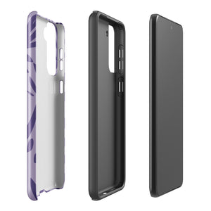 Introducing the Luna Morada for Samsung, a striking smartphone case from Statement Cases. This decorative purple cover boasts abstract floral and organic patterns in darker hues and is designed to absorb shocks. The impact-resistant case features a camera cutout that accommodates five lenses, with the brand name "STATEMENT CASES" elegantly printed at the bottom center.