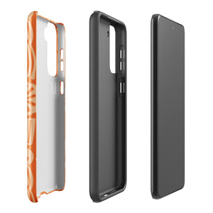 This stylish smartphone accessory, the Savannah Ardiente for Samsung by Statement Cases, features a shock-absorbing, colorful patterned case adorned with abstract flower designs in beige on an orange background. This impact-resistant phone case wraps around the back of your device, providing robust protection for its multiple camera lenses in the corner.