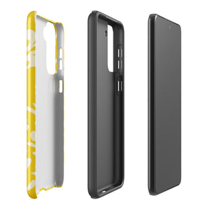 The Sol Dorado for Samsung by Statement Cases is a durable phone case featuring a bright yellow background adorned with an abstract white floral pattern, showcasing various flowers and leaves. Near the bottom edge, the text "STATEMENT CASE" highlights its dual-layer design for enhanced durability.