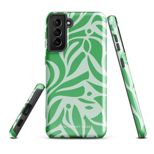 The Selva Verde for Samsung, a product by Statement Cases, is a durable, dual-layer phone case adorned with a green and white leafy design. The back of the case includes a camera cutout, and the bottom is printed with "Statement Cases.