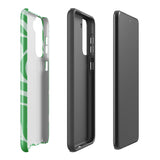 The Selva Verde for Samsung, a product by Statement Cases, is a durable, dual-layer phone case adorned with a green and white leafy design. The back of the case includes a camera cutout, and the bottom is printed with "Statement Cases.