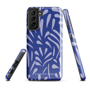 The Mariposa Azul for Samsung smartphone case from Statement Cases is adorned with an impact-resistant design featuring light purple abstract shapes on a blue background. This dual-layer case proudly displays the text "STATEMENT CASES" at the bottom, ensuring that the camera lenses and buttons of your phone remain clearly visible.