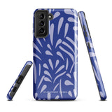 The Mariposa Azul for Samsung smartphone case from Statement Cases is adorned with an impact-resistant design featuring light purple abstract shapes on a blue background. This dual-layer case proudly displays the text "STATEMENT CASES" at the bottom, ensuring that the camera lenses and buttons of your phone remain clearly visible.