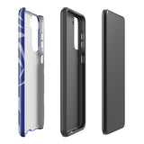 The Mariposa Azul for Samsung smartphone case from Statement Cases is adorned with an impact-resistant design featuring light purple abstract shapes on a blue background. This dual-layer case proudly displays the text "STATEMENT CASES" at the bottom, ensuring that the camera lenses and buttons of your phone remain clearly visible.