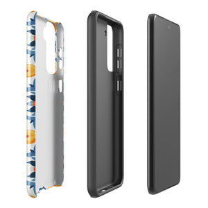 The Mediterranean Bloom for Samsung by Statement Cases features intricate, colorful floral patterns in blue, orange, and yellow. The design covers the entire back of the case, surrounding the camera cutout. Shock-absorbing and impact-resistant, it ensures protection while the brand "Statement Cases" is subtly printed near the bottom.