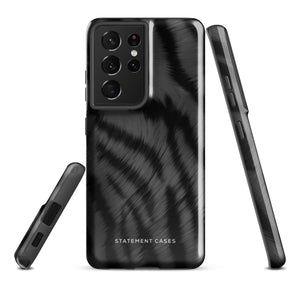 A tough smartphone with a black, textured case that has a silky, animal fur pattern. The dual-layer phone case has cutouts for the camera and side buttons, and the words "Statement Cases" are printed near the bottom.