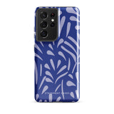 The Mariposa Azul for Samsung smartphone case from Statement Cases is adorned with an impact-resistant design featuring light purple abstract shapes on a blue background. This dual-layer case proudly displays the text "STATEMENT CASES" at the bottom, ensuring that the camera lenses and buttons of your phone remain clearly visible.