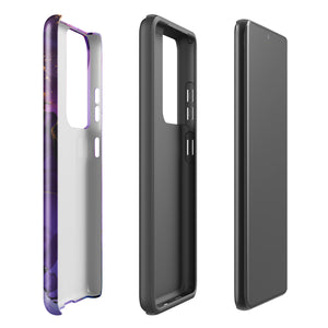 The Golden Orchid Marble for Samsung by Statement Cases is a smartphone adorned with a vibrant, abstract phone case showcasing a mix of purple, pink, and gold colors. Crafted from impact-resistant materials, it features a camera module with four lenses and a flash. At the bottom of the shock-absorbing phone case, you’ll find the text "STATEMENT CASES" in white.