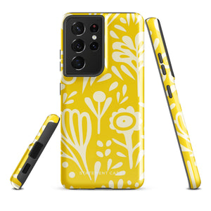 The Sol Dorado for Samsung by Statement Cases is a durable phone case featuring a bright yellow background adorned with an abstract white floral pattern, showcasing various flowers and leaves. Near the bottom edge, the text "STATEMENT CASE" highlights its dual-layer design for enhanced durability.