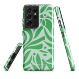 The Selva Verde for Samsung, a product by Statement Cases, is a durable, dual-layer phone case adorned with a green and white leafy design. The back of the case includes a camera cutout, and the bottom is printed with "Statement Cases.