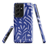 The Mariposa Azul for Samsung smartphone case from Statement Cases is adorned with an impact-resistant design featuring light purple abstract shapes on a blue background. This dual-layer case proudly displays the text "STATEMENT CASES" at the bottom, ensuring that the camera lenses and buttons of your phone remain clearly visible.