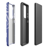 The Mariposa Azul for Samsung smartphone case from Statement Cases is adorned with an impact-resistant design featuring light purple abstract shapes on a blue background. This dual-layer case proudly displays the text "STATEMENT CASES" at the bottom, ensuring that the camera lenses and buttons of your phone remain clearly visible.