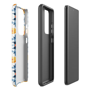 The Mediterranean Bloom for Samsung by Statement Cases features intricate, colorful floral patterns in blue, orange, and yellow. The design covers the entire back of the case, surrounding the camera cutout. Shock-absorbing and impact-resistant, it ensures protection while the brand "Statement Cases" is subtly printed near the bottom.