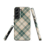 A dual-layer phone case featuring a checked plaid design in shades of green, beige, and white. The pattern consists of intersecting horizontal and vertical lines forming squares and diamonds. This impact-resistant Aristocrats Plaid for Samsung from Statement Cases is shown on a white background.