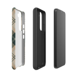 A dual-layer phone case featuring a checked plaid design in shades of green, beige, and white. The pattern consists of intersecting horizontal and vertical lines forming squares and diamonds. This impact-resistant Aristocrats Plaid for Samsung from Statement Cases is shown on a white background.