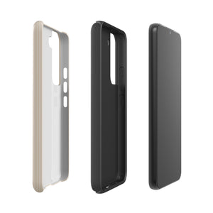 A beige smartphone case with vertical stripes designed for a phone with a triple camera setup. This impact-resistant phone case features precise cutouts for the cameras, buttons, and other essential functions. "Statement Cases" is printed at the bottom of the tough phone case. Product Name: Noble Pinstripe for Samsung