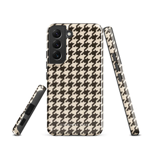 A Statement Cases Timeless Houndstooth for Samsung featuring a black and beige houndstooth pattern. The camera cutout at the top rear is designed for a triple-lens camera. With its dual-layer design and slim profile, this impact-resistant case also boasts a glossy finish.