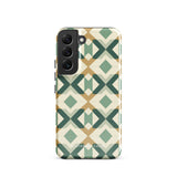 A smartphone with a dual-layer design case featuring a mix of green, beige, and tan shapes. The Old World Mosaic for Samsung has a "Statement Cases" logo at the bottom and is impact-resistant, ensuring your phone with its quad-camera setup stays protected.