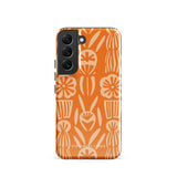 This stylish smartphone accessory, the Savannah Ardiente for Samsung by Statement Cases, features a shock-absorbing, colorful patterned case adorned with abstract flower designs in beige on an orange background. This impact-resistant phone case wraps around the back of your device, providing robust protection for its multiple camera lenses in the corner.