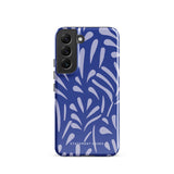 The Mariposa Azul for Samsung smartphone case from Statement Cases is adorned with an impact-resistant design featuring light purple abstract shapes on a blue background. This dual-layer case proudly displays the text "STATEMENT CASES" at the bottom, ensuring that the camera lenses and buttons of your phone remain clearly visible.