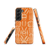 This stylish smartphone accessory, the Savannah Ardiente for Samsung by Statement Cases, features a shock-absorbing, colorful patterned case adorned with abstract flower designs in beige on an orange background. This impact-resistant phone case wraps around the back of your device, providing robust protection for its multiple camera lenses in the corner.