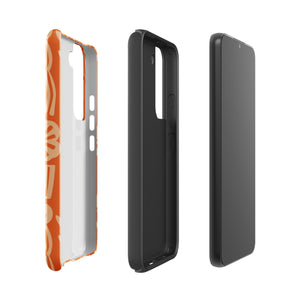 This stylish smartphone accessory, the Savannah Ardiente for Samsung by Statement Cases, features a shock-absorbing, colorful patterned case adorned with abstract flower designs in beige on an orange background. This impact-resistant phone case wraps around the back of your device, providing robust protection for its multiple camera lenses in the corner.