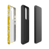 The Sol Dorado for Samsung by Statement Cases is a durable phone case featuring a bright yellow background adorned with an abstract white floral pattern, showcasing various flowers and leaves. Near the bottom edge, the text "STATEMENT CASE" highlights its dual-layer design for enhanced durability.