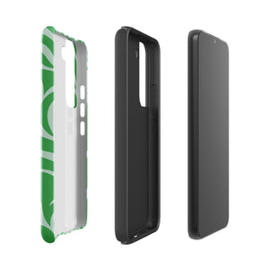 The Selva Verde for Samsung, a product by Statement Cases, is a durable, dual-layer phone case adorned with a green and white leafy design. The back of the case includes a camera cutout, and the bottom is printed with "Statement Cases.